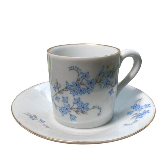 Vintage Tea Cup & Saucer Limoges Demitasse Porcelain Blue Floral Pattern - Picture 3 of 7